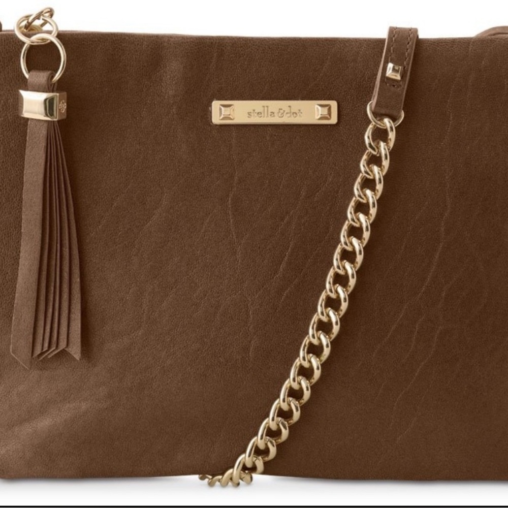 Stella & Dot Brown Leather Lafayette Crossbody Bag with Gold Chain